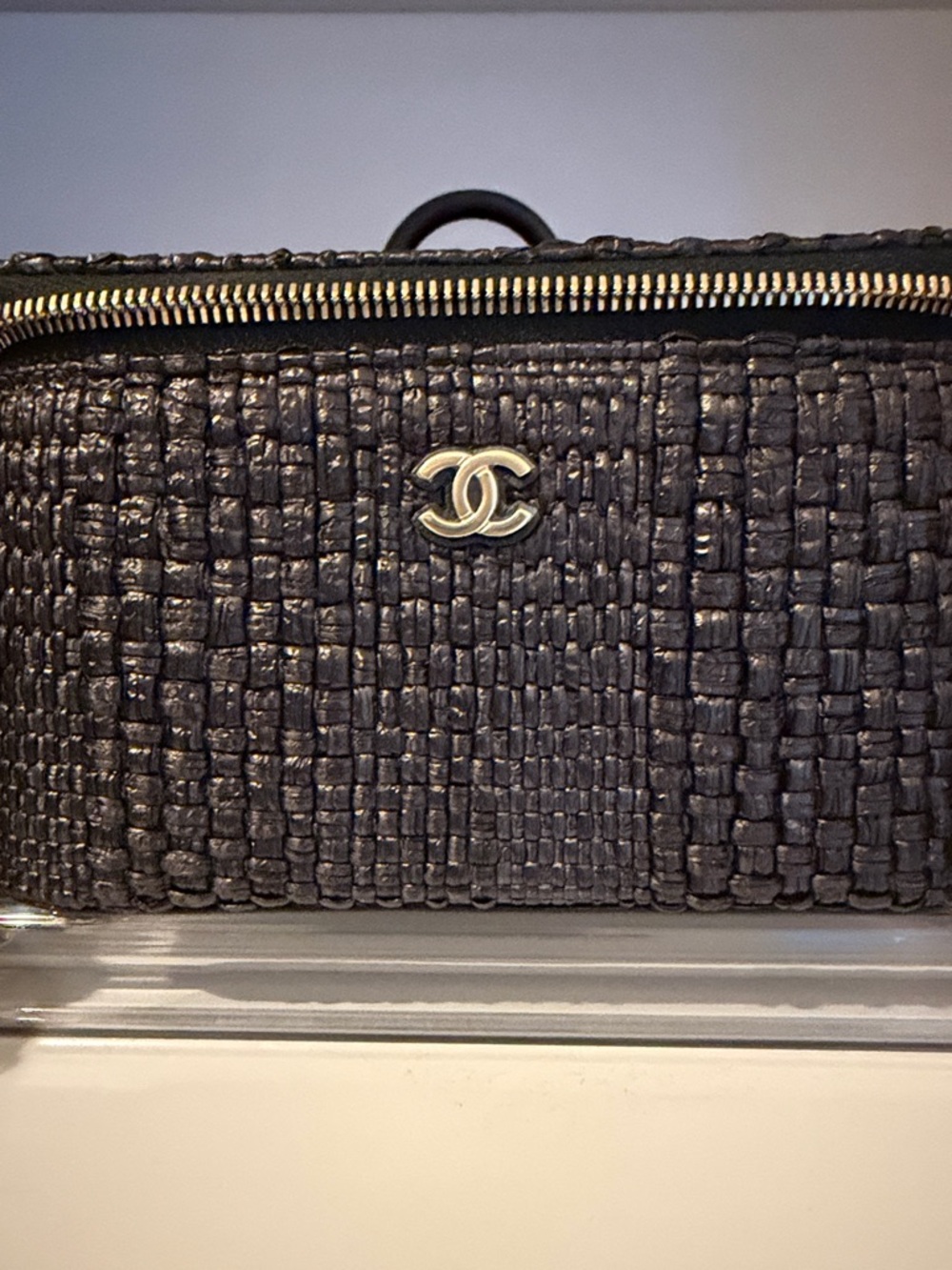 Auth Chanel Black Raffia vanity  full set sold out in box never used